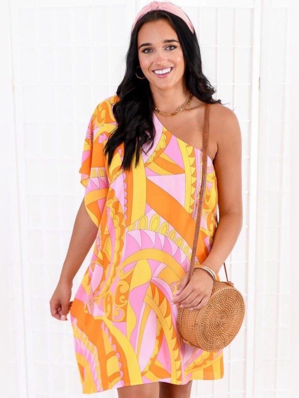 Show Me Your MuMu Trish Pink & Orange One-Shoulder Printed Shift Dress Size S